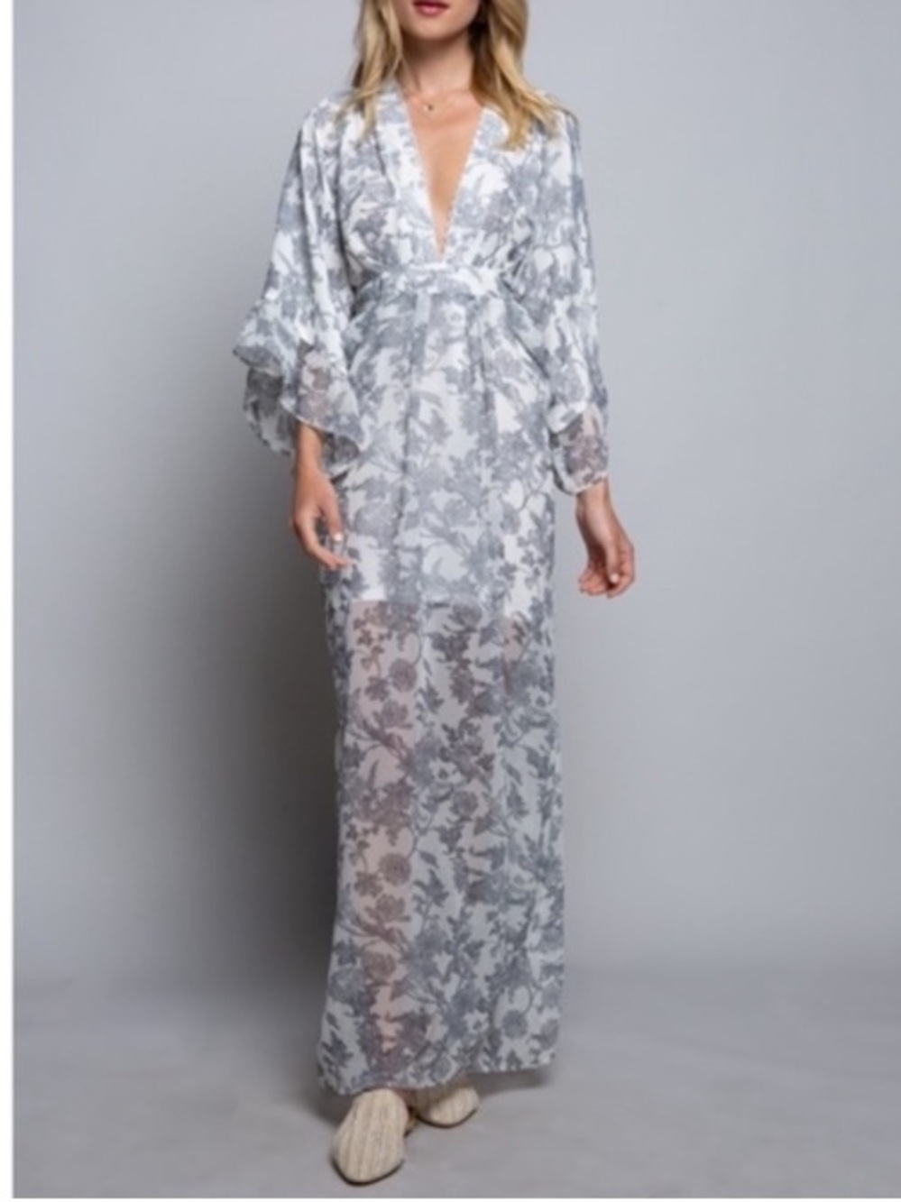 POL Clothing Grey Floral Maxi Dress Tie Waist Size L